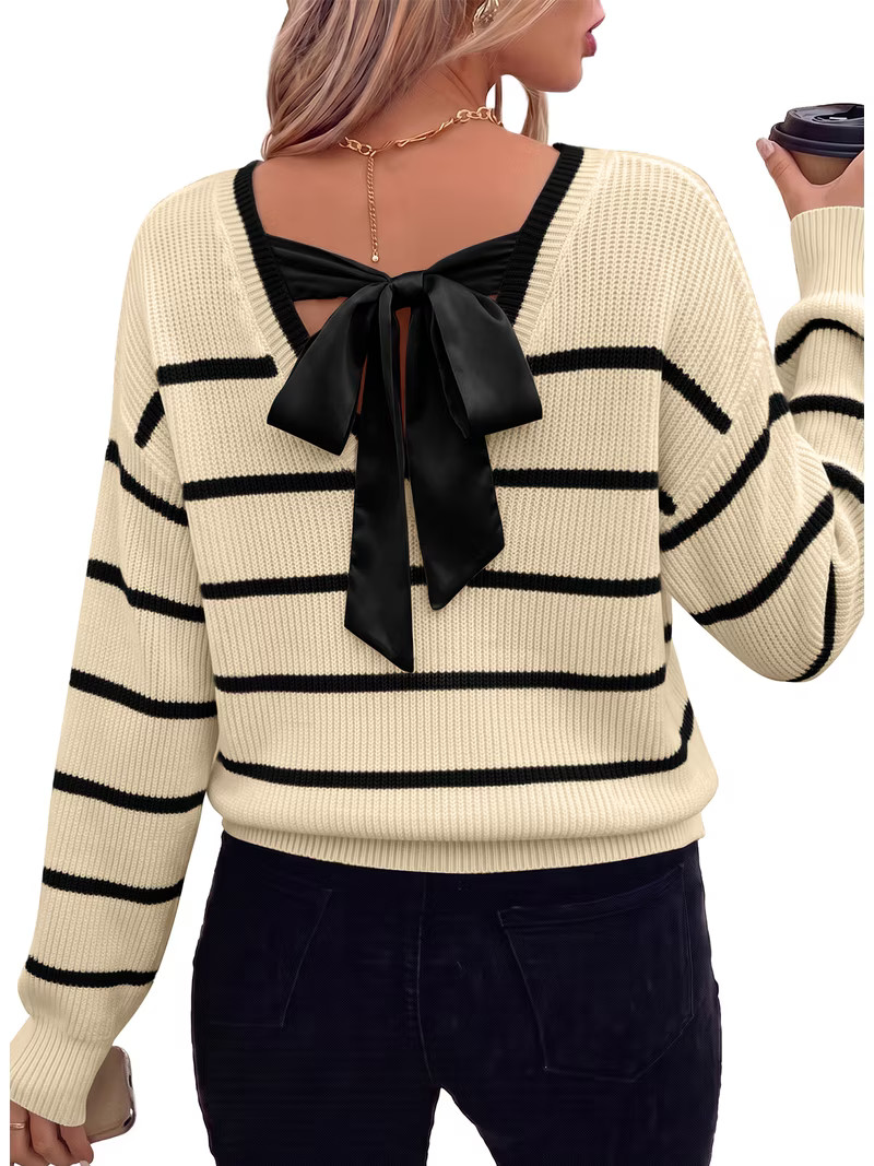 Eytino Womens Sweaters Long Sleeve Back Bow Sweater V Neck Fall Color Block Pullover Tops | Walmart (US)