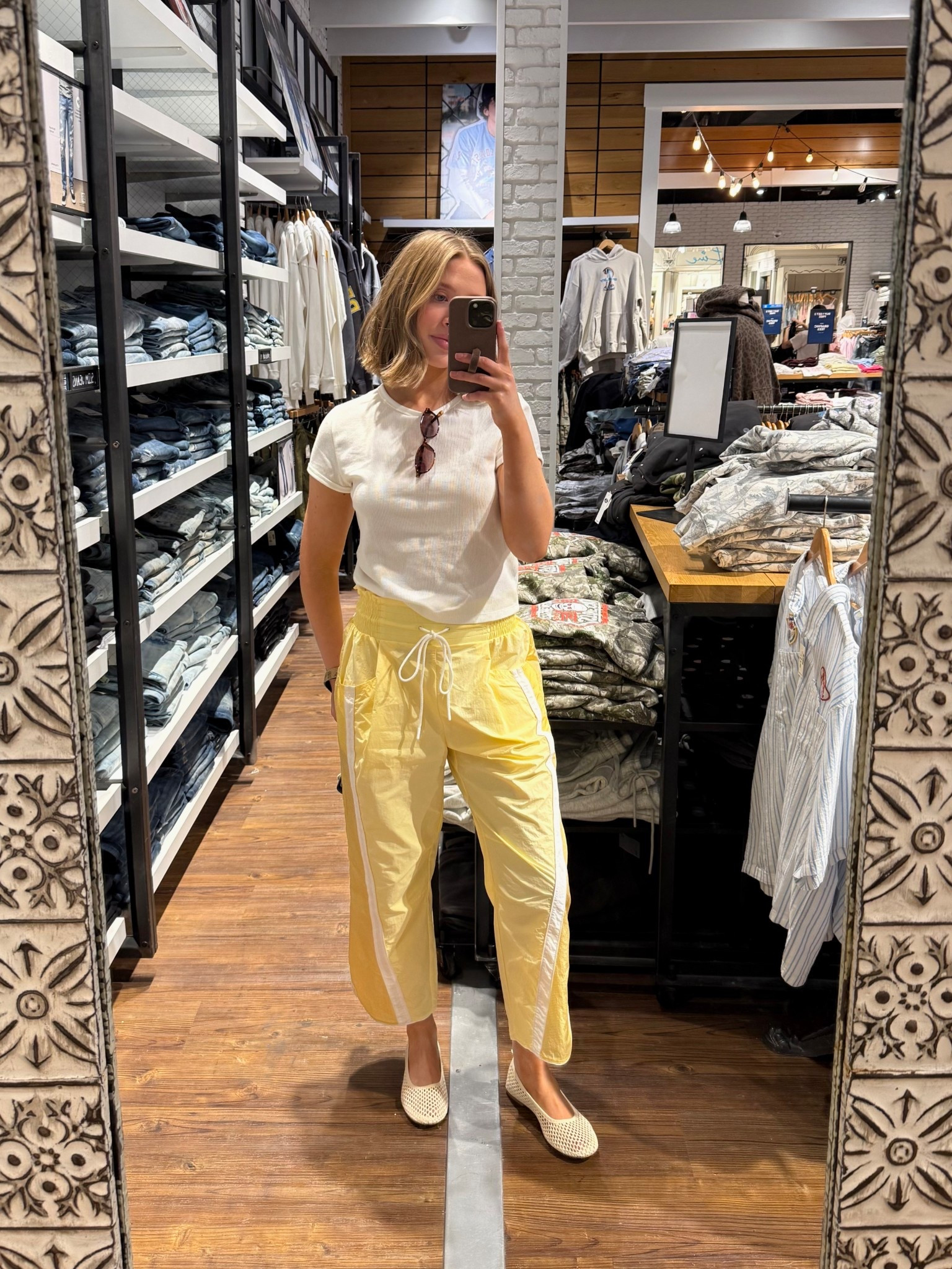 Wearing a size S in my Free People yellow pants (I’m 5’7”)
Gap white waffle baby tee in size M
Abercrombie woven ballet flats 
Amazon sunnies & earrings

#LTKootd #LTKdayinmylife
