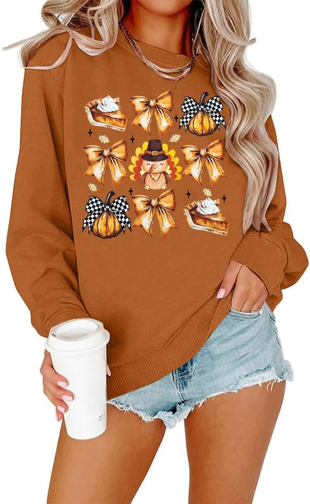 EGELEXY Thankful Sweatshirt Women Pumpkin Clothes Thanksgiving Bow Shirt Turkey Pullover Tops | Amazon (US)
