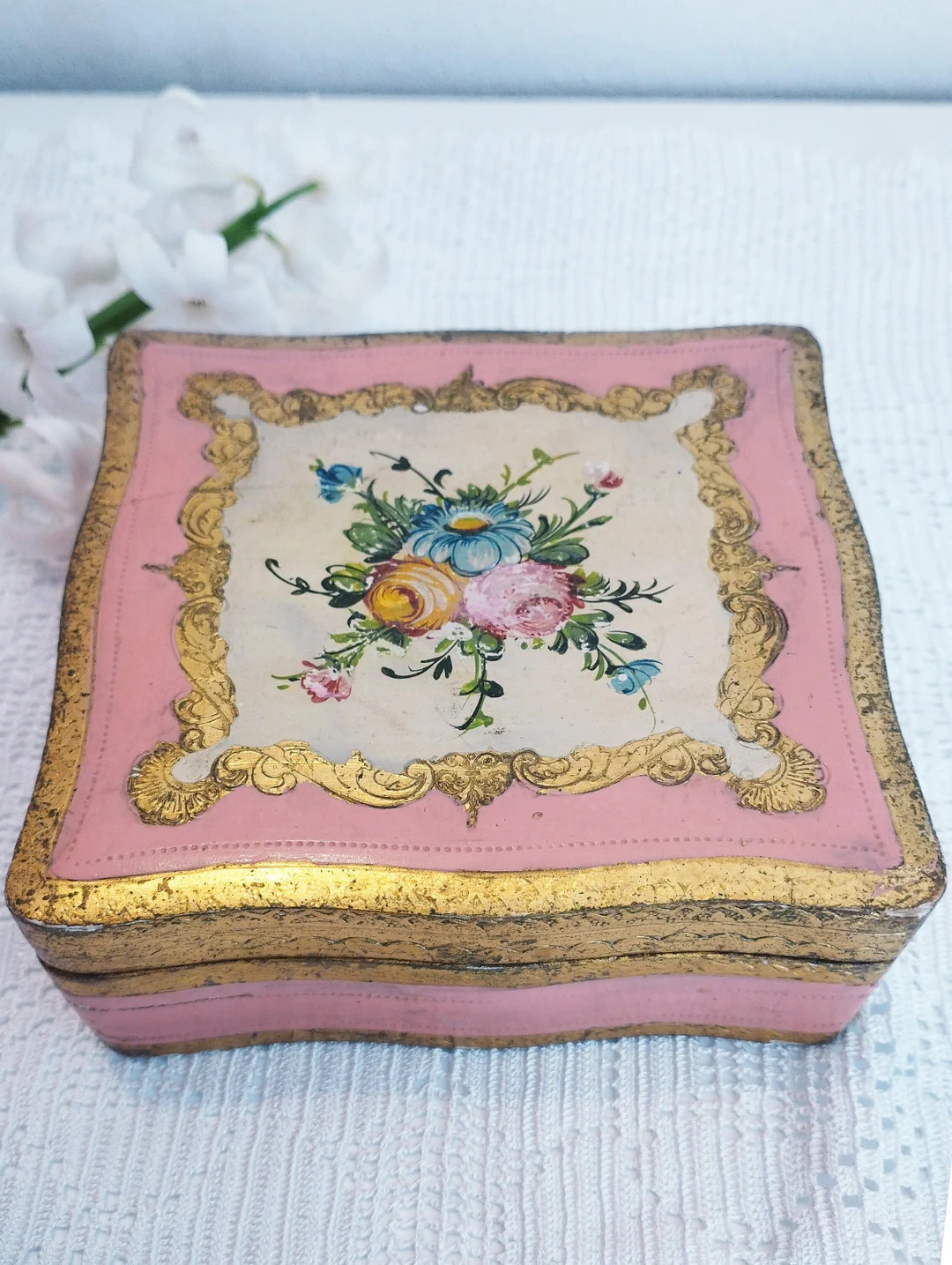 Vintage Florentine Jewelry Case. Lacquered and Gilt Hand-painted Pink Jewerly Box. Italian Jewelr... | Etsy (US)