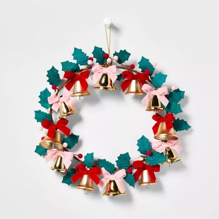 16in Felt Wreath with Gold Bells Red/Pink/Green - Wondershop&#8482; | Target