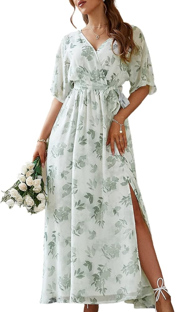 Simplee Women's Boho V Neck Floral Maternity Ruffle Maxi Dress Belted High Waist Split Long Flowy Be | Amazon (US)