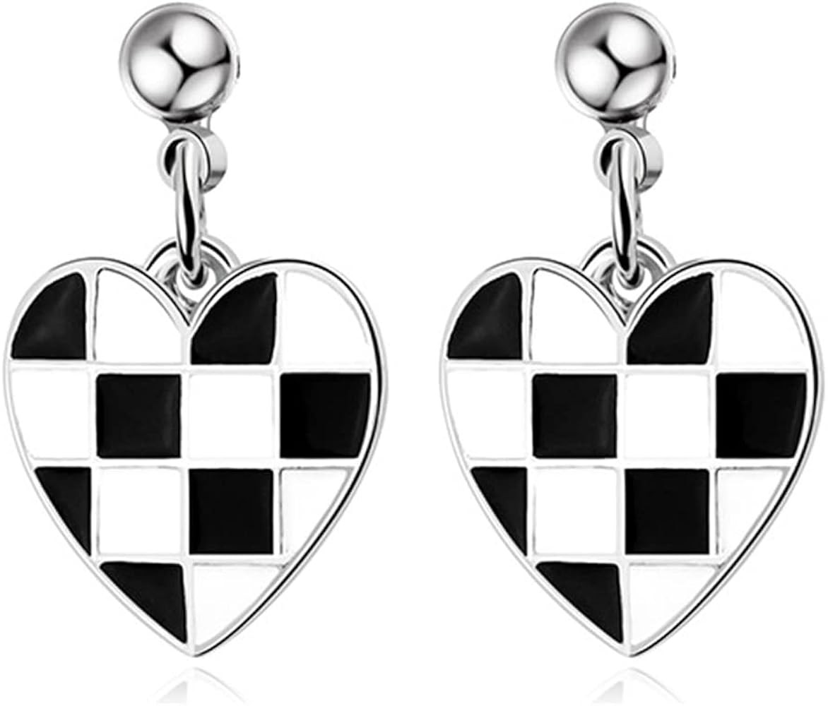 MIGUO STORE Fashion Chic Temperament Simple Black White Heart-Shaped Stud Earrings Checker Board ... | Amazon (US)