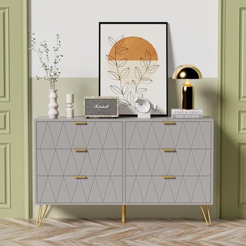 UEV 6 Drawer Dresser for Bedroom,Grey Dresser with Wide Drawers and Metal Handles,Modern Dresser Chest for Bedroom,Living Room,Hallway,Entryway(Large Grey) | Amazon (US)