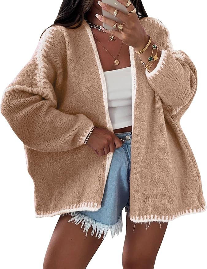 COZYPOIN Womens Fall Cardigan Sweater Casual Knit Cardigan Open Front Colorblocking Oversized Car... | Amazon (US)