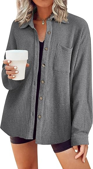 HOTOUCH Waffle Button Down Shirt Women Casual Knit Tops Long Sleeve Loose Fit Shacket with Pocket | Amazon (US)