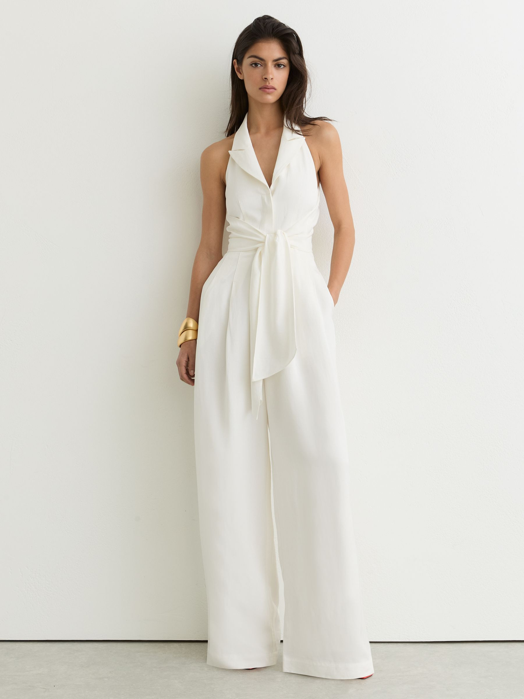Reiss Petite Tie-Front Wide-Leg Jumpsuit with Linen in Ivory - REISS | Reiss UK