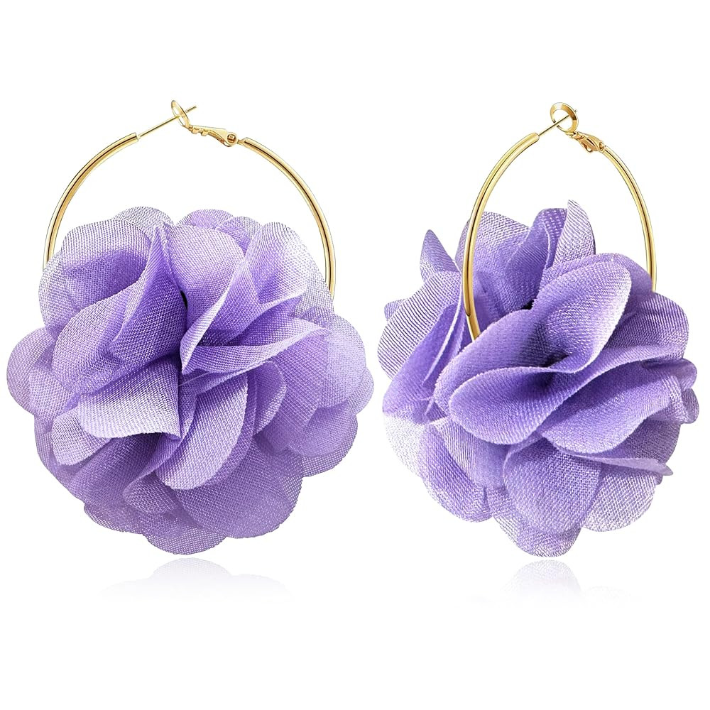 NONQL Bohemian Aesthetic Fabric Flower Lightweight Hoop Earrings Handmade Summer Vacation Dangle ... | Amazon (US)