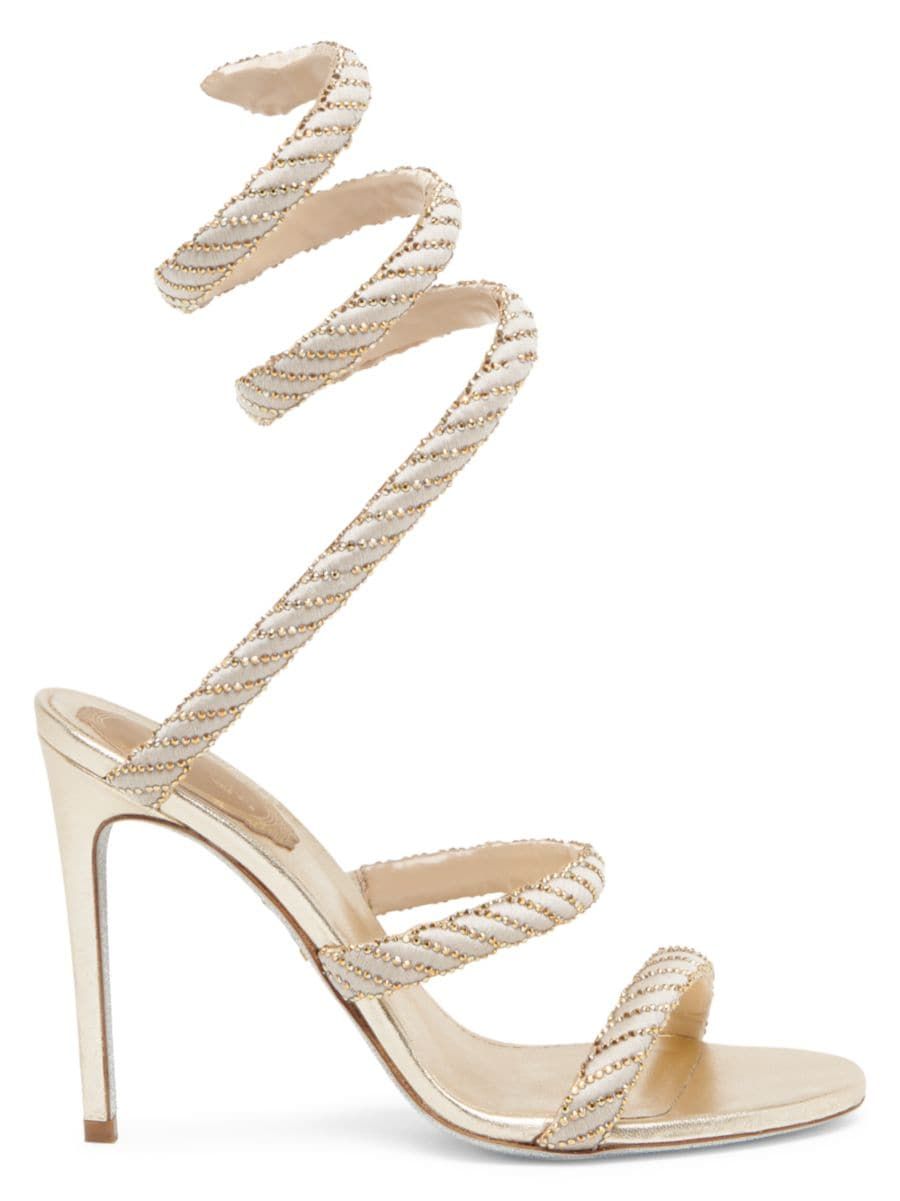 Satin Metallic Bead-Embellished Wraparound Sandals | Saks Fifth Avenue