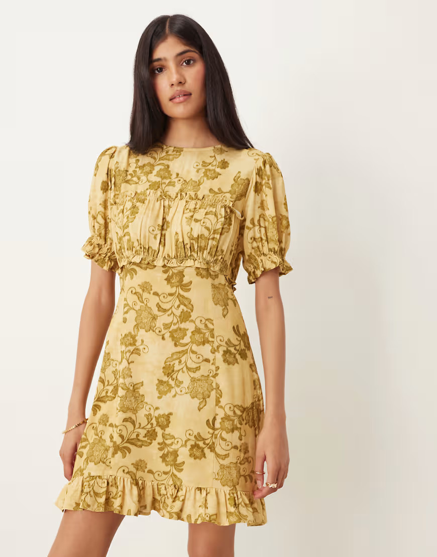 ASOS DESIGN short sleeve ruffle bust mini dress in muted floral-Multi | ASOS (Global)