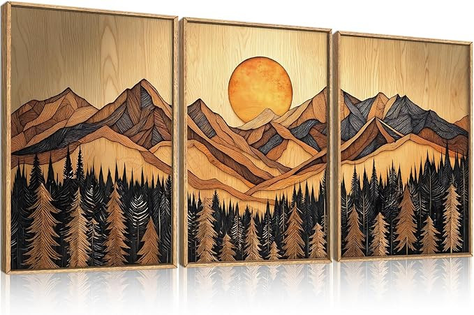 Ausril Boho Mountain Framed Canvas Wall Art Set, Vintage Pine Tree Wall Decor, Nature Forest Land... | Amazon (US)