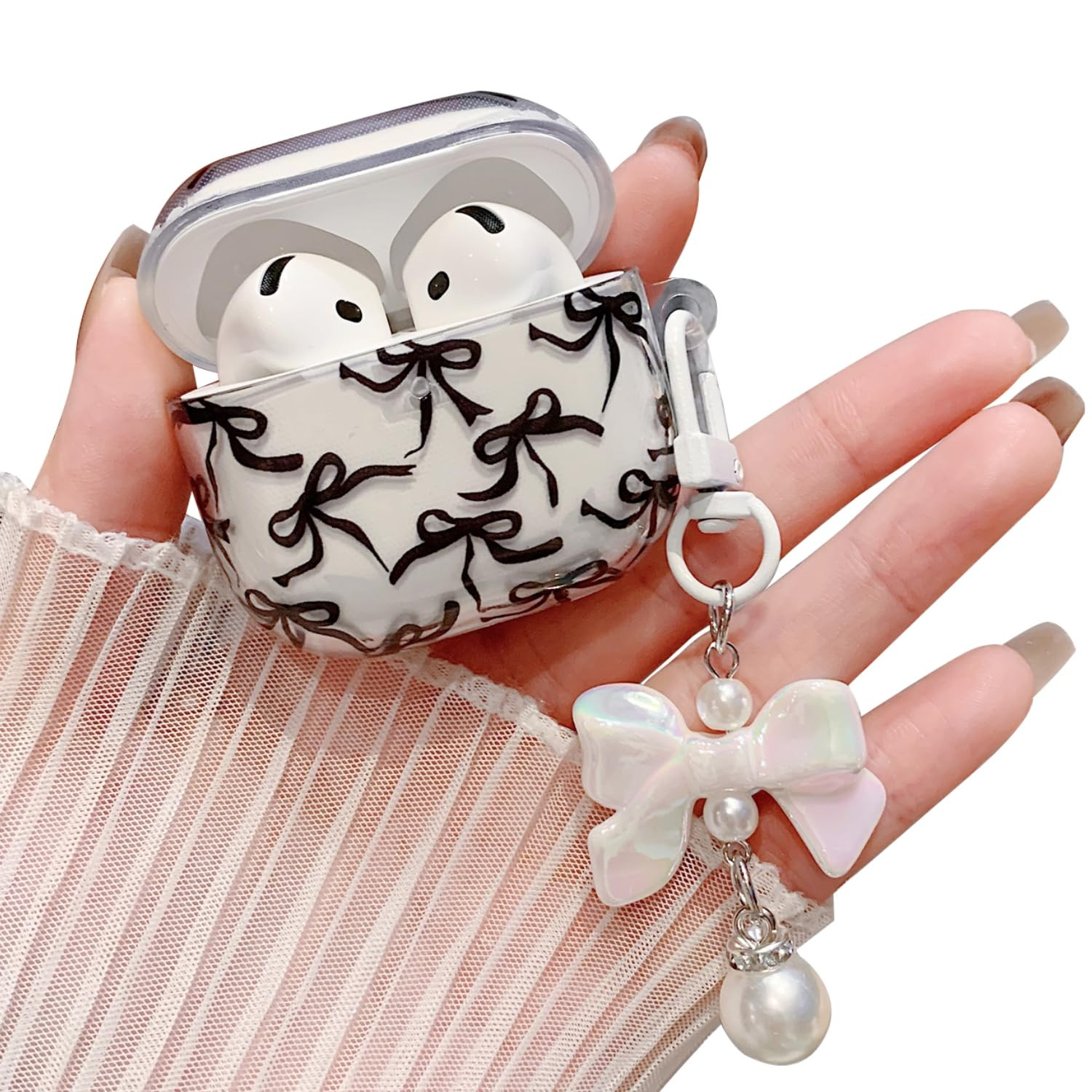 MINSCOSE Compatible with AirPods 4 Clear Case,Cute Ribbon Bow Pretty Aesthetic Design with Bow Pe... | Amazon (US)