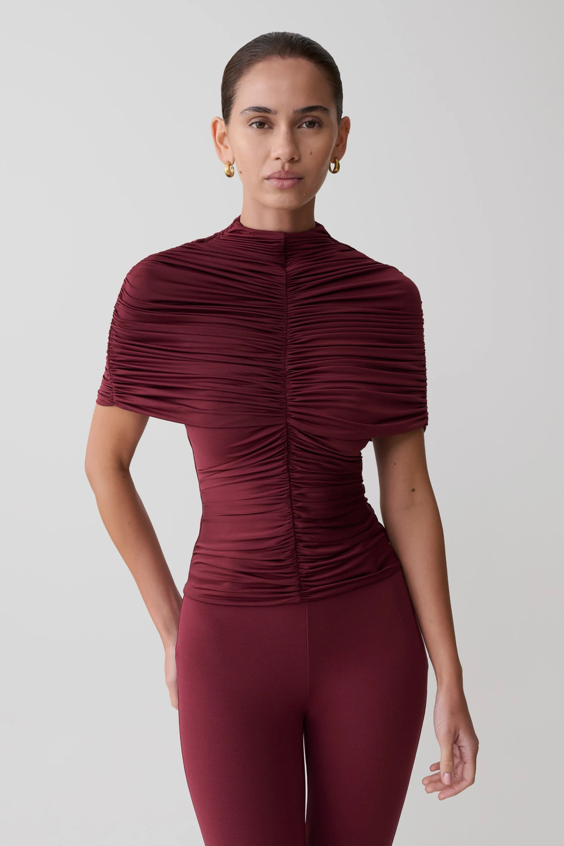 Slinky High Neck Gathered Top - Mahogany | MESHKI US