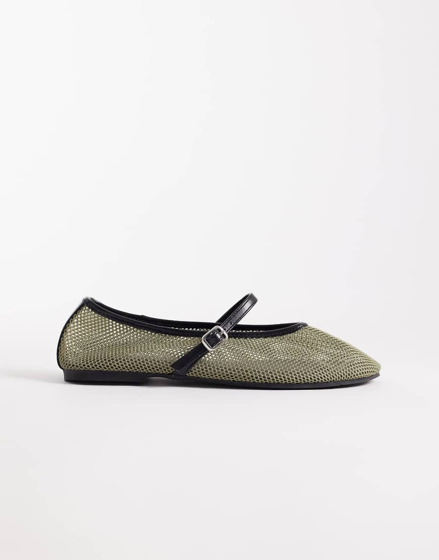 ASOS DESIGN Libra mesh mary jane ballets in khaki-Green | ASOS (Global)
