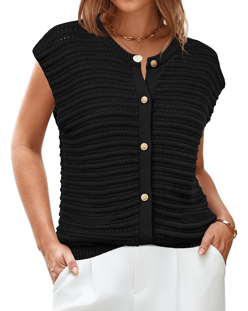 Arach&Cloz Women Cap Sleeve Sweater Vest 2025 Summer Crochet Button Down Knit Cardigan Loose Busi... | Amazon (US)