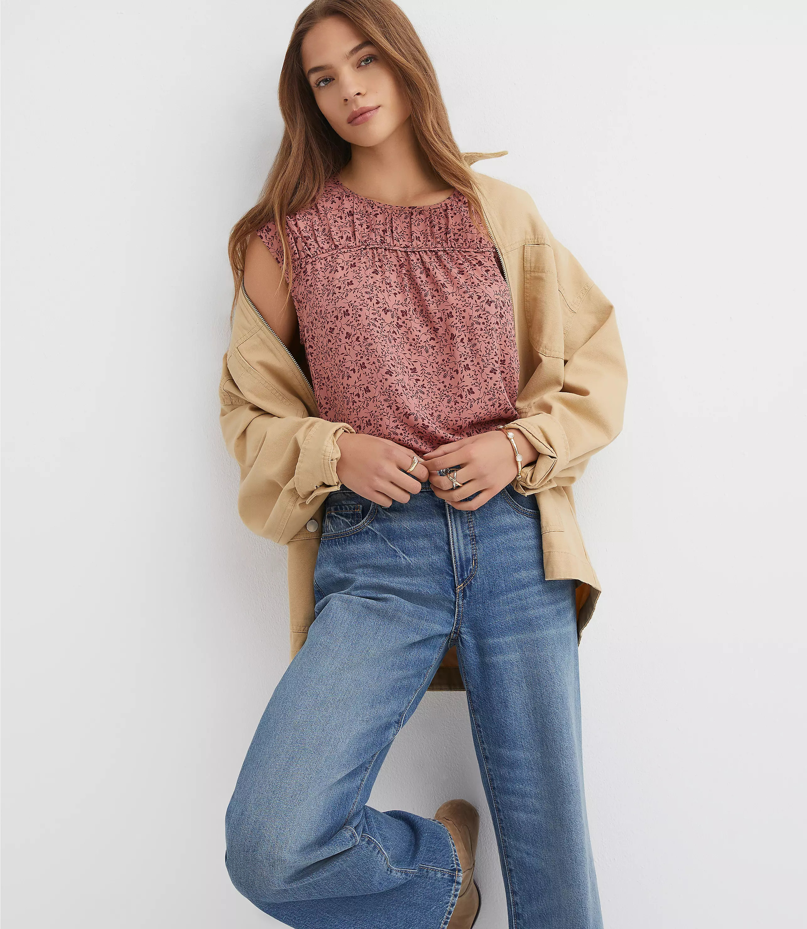 Floral Cap Sleeve Mixed Media Blouse | LOFT