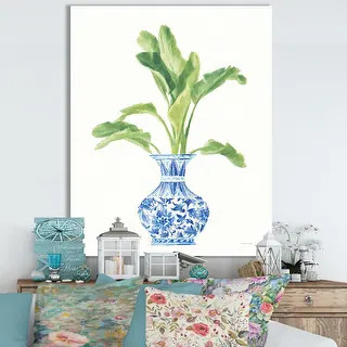 Designart 'Palm Chinoiserie White I' Cottage Canvas Wall Art - Overstock - 29861767 | Bed Bath & Beyond