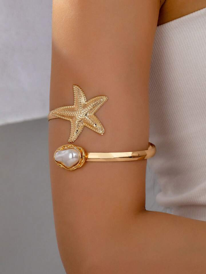 1pc Fashionable Asymmetric Pearl & Starfish Openwork Bracelet, Beach & Resort Style | SHEIN