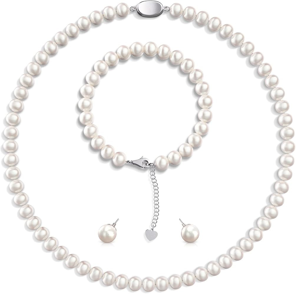 AOOVOO Freshwater Cultured Pearl Necklace Set - Real Pearl Necklace Set Includes Stunning Bracele... | Amazon (US)
