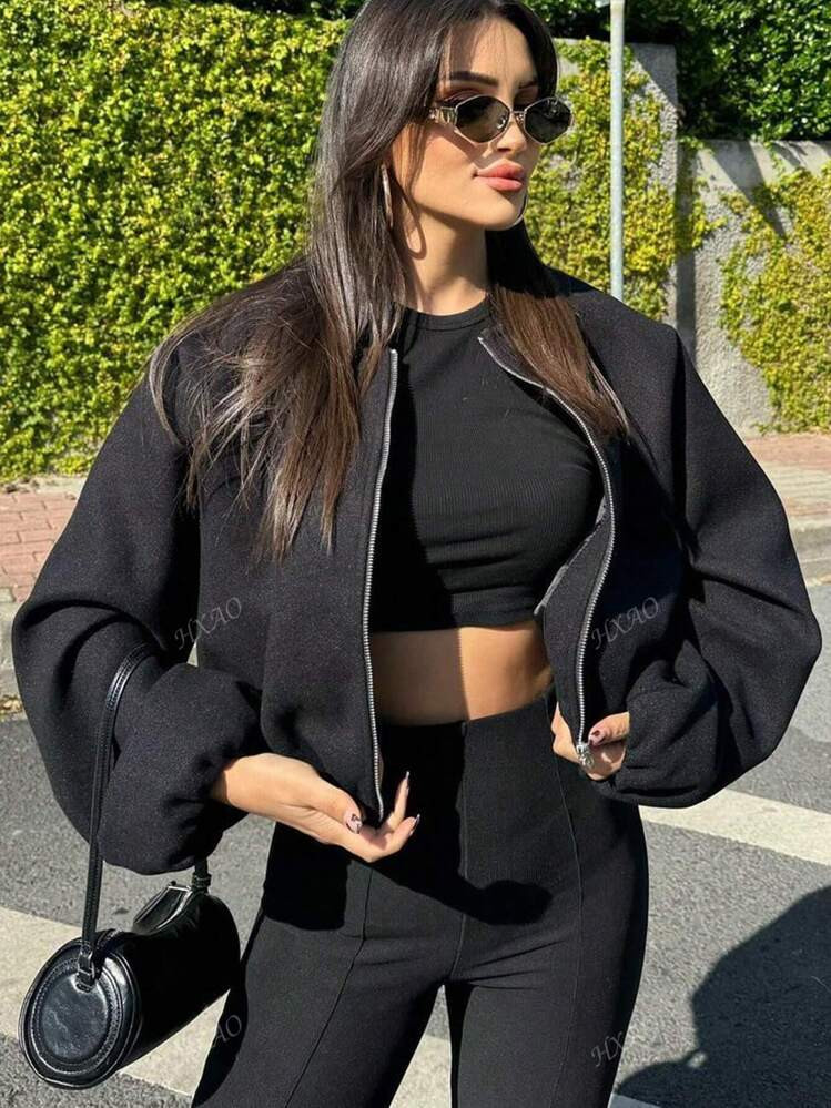 Women's Bomber Jacket Autumn Winter Outerwears Short Varsity Aviator Cropped Coats | SHEIN