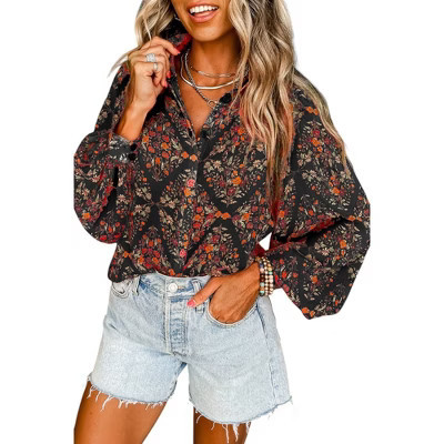 Amaryllis Women’s Black Floral Button Down Blouse with Balloon Long Sleeves Collar Neckline Lightweight- X Large ,Black | Target