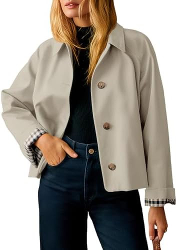 Tankaneo Womens Cropped Trench Coat Lightweight Single Breasted Jacket Fall Windbreaker Fashion O... | Amazon (US)