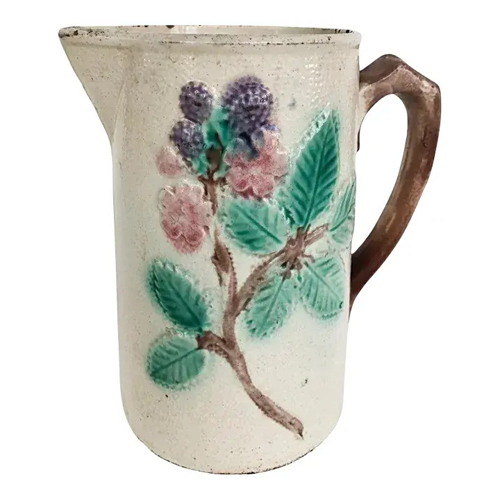 Vintage 20th Century Majolica Pitcher With Floral Leaf Designs and Berries | Chairish