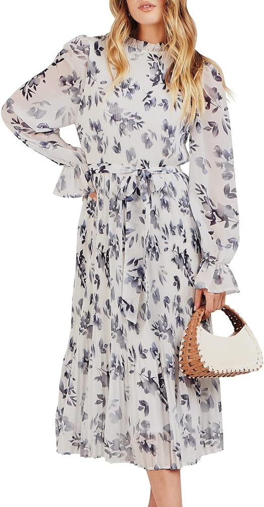 ANRABESS Women's Floral Midi Dress Puff Long Sleeve Casual Ruffle Chiffon A-Line Swing Pleated Be... | Amazon (US)