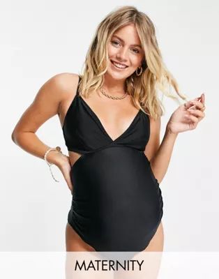 Wolf & Whistle Maternity Exclusive cut out swimsuit in black | ASOS (Global)