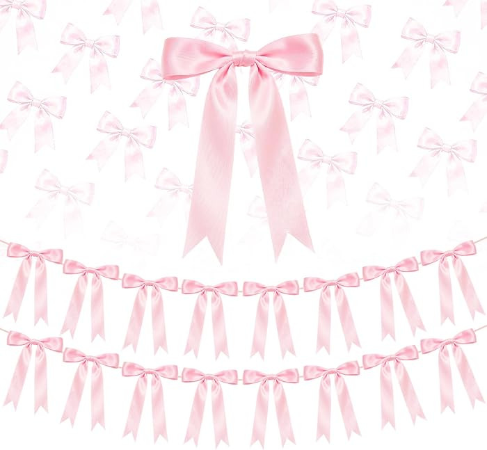 2 Strings Pink Bow Garland Banner Decorations, 16Pcs Pre-Strung Satin Ribbon with 6.7ft Chain for... | Amazon (US)