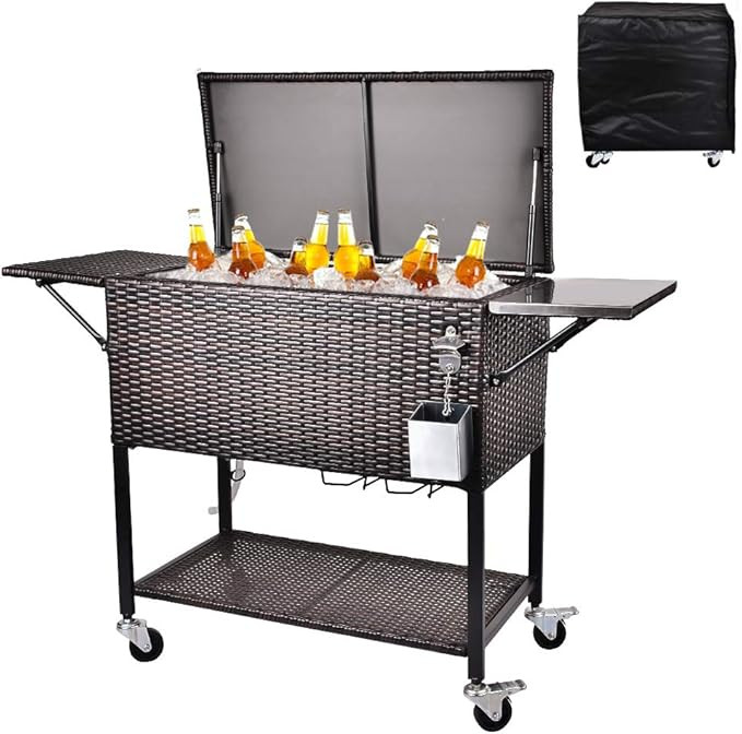 RELAXIXI 80 Quart Rattan Rolling Cooler Cart, Portable Wicker Cooler Trolley, Beverage for Patio ... | Amazon (US)