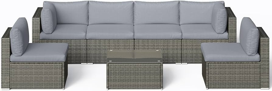 SUNVIVI OUTDOOR 7 Piece Patio Furniture Sets All Weather Gery PE Wicker Couch Sofa with Glass Tab... | Amazon (US)