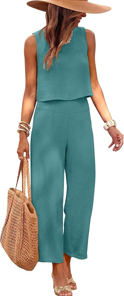 ANRABESS Women Lounge Sets 2 Piece Outfits Summer Sleeveless Crop Tops Capri Wide Leg Pants Vacat... | Amazon (US)