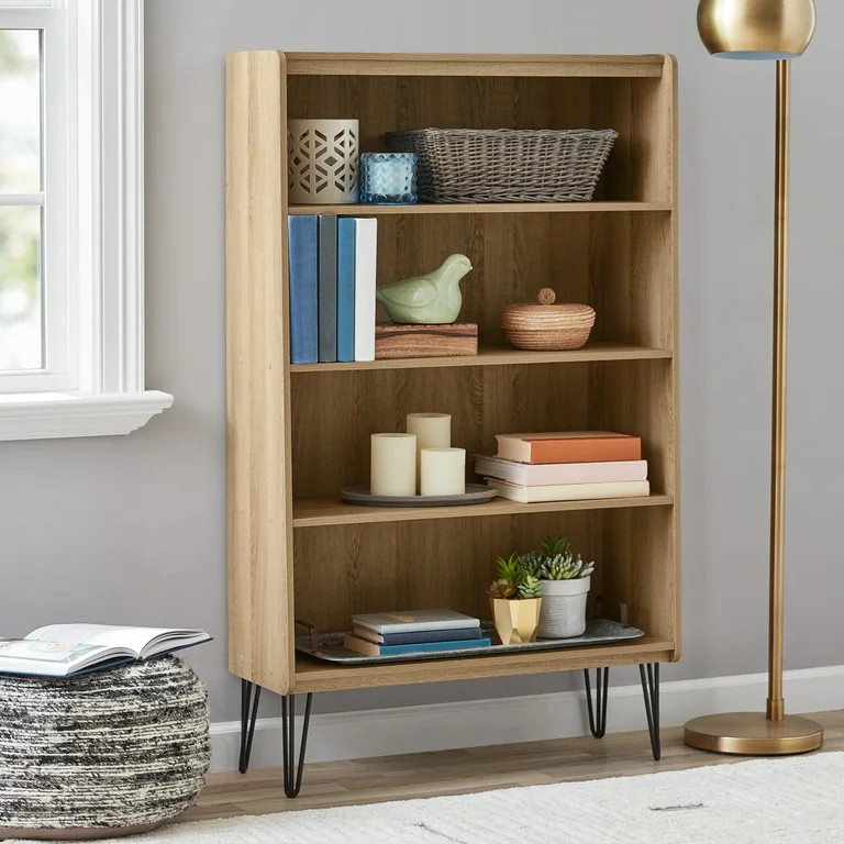 Mainstays Hairpin 4-Shelf Bookcase, Oak | Walmart (US)