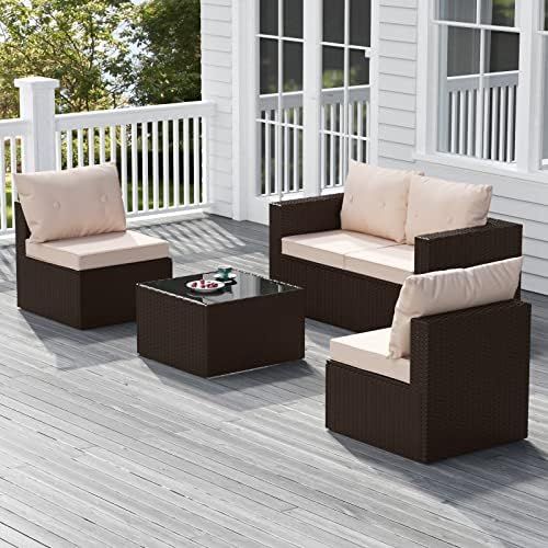 BELLA VILLA 4 Piece Outdoor Wicker Patio Furniure Sets with Glass Coffee Table, Rattan Sectional ... | Amazon (US)