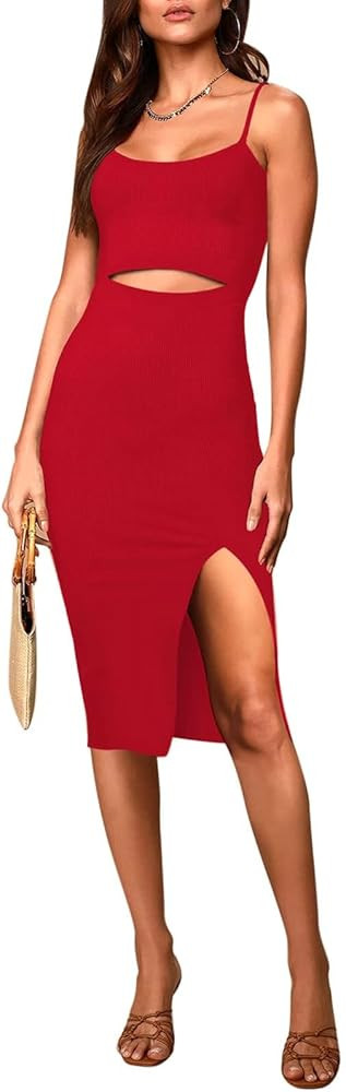 Pink Queen Women's Spaghetti Strap Cutout Side Slit Ribbed Knee Length Bodycon Midi Dress | Amazon (US)