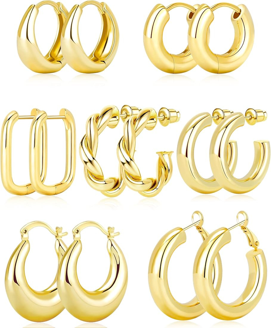 Adoyi Gold Hoop Earrings Set for Women 14K Gold Plated Chunky Hoops Twisted Huggie Hoop Earrings ... | Amazon (US)