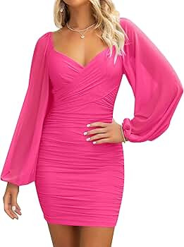 ZESICA Women's Sexy V Neck Ruched Bodycon Mini Dress Puff Long Sleeve Cocktail Wedding Party Shor... | Amazon (US)