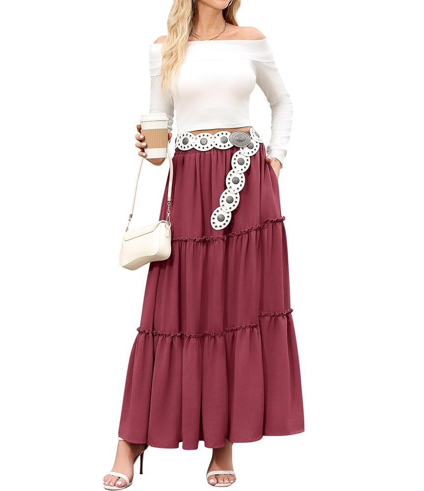 Arolina Women's Summer Maxi Skirt Trendy High Waist Pleated Ruffle Long Skirts Flowy Beach Boho S... | Amazon (US)