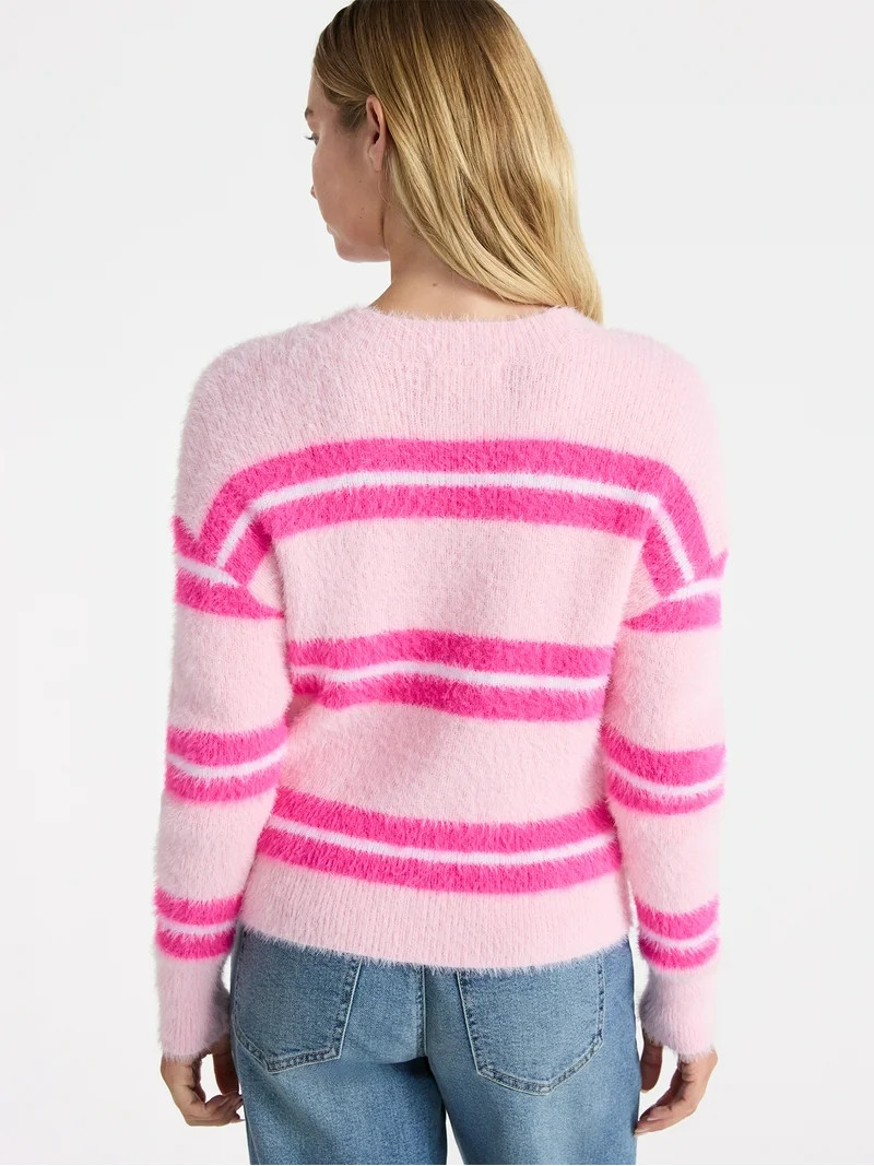 No Boundaries Striped Feather Sweater, Women's & Women's Plus | Walmart (US)