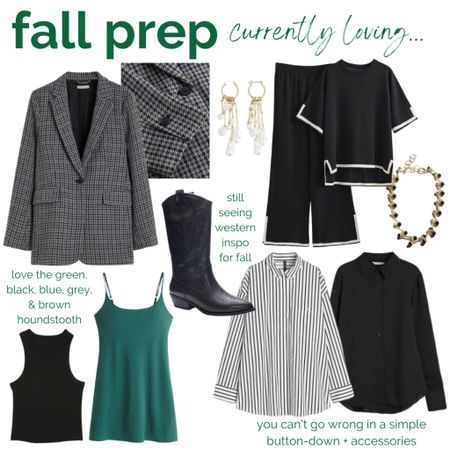 Currently prepping for fall • Blazer • Lounge set • Button-down • Statement necklace • Statement earrings • H&M • Amazon • Nordstrom 