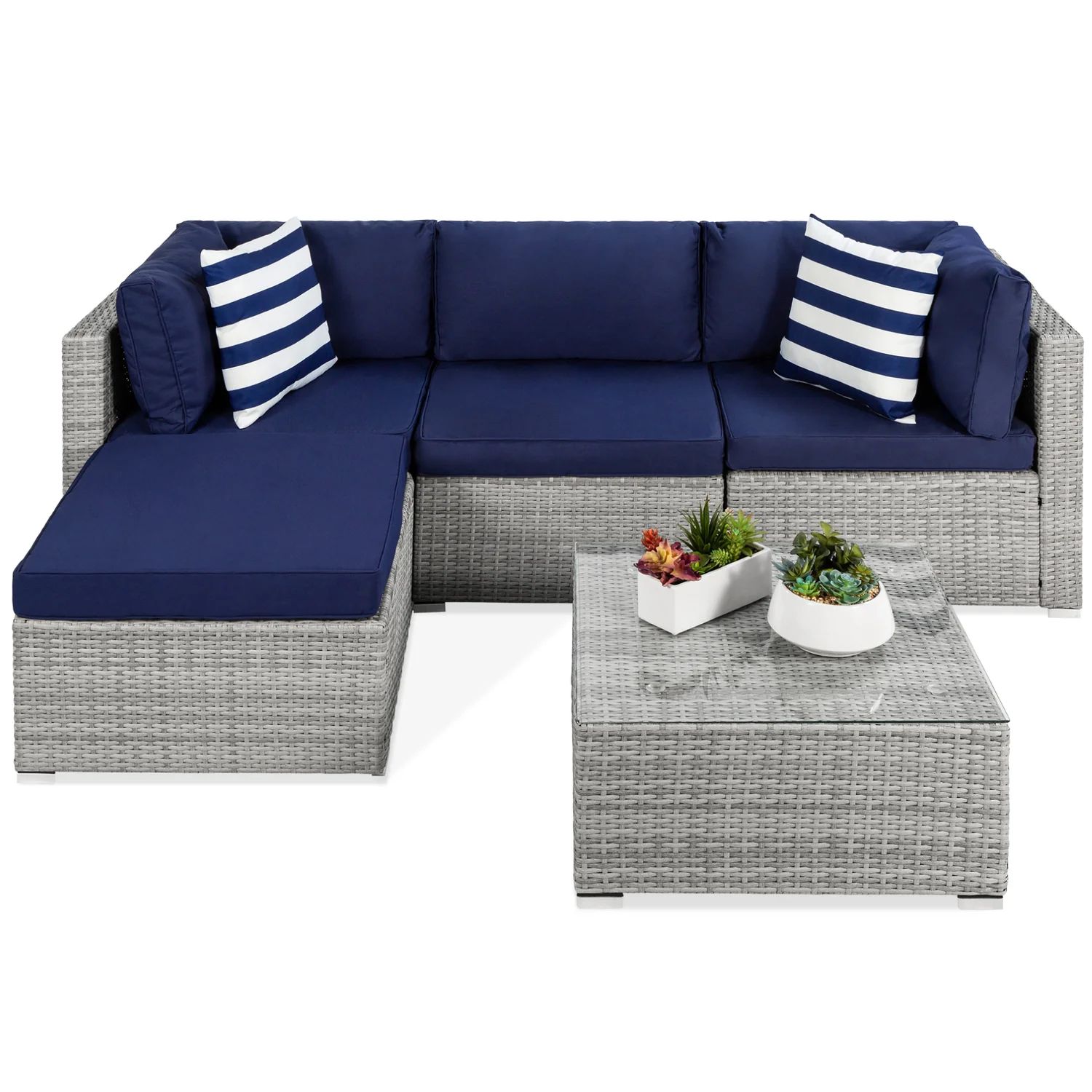 5-Piece Modular Wicker Sectional Conversation Set w/ 2 Pillows, Coffee | Best Choice Products 