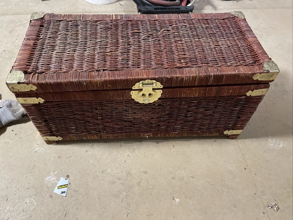 1970s Chinoiserie Handwoven Wicker Trunk Or Blanket Chest With Brass Hardware | eBay US