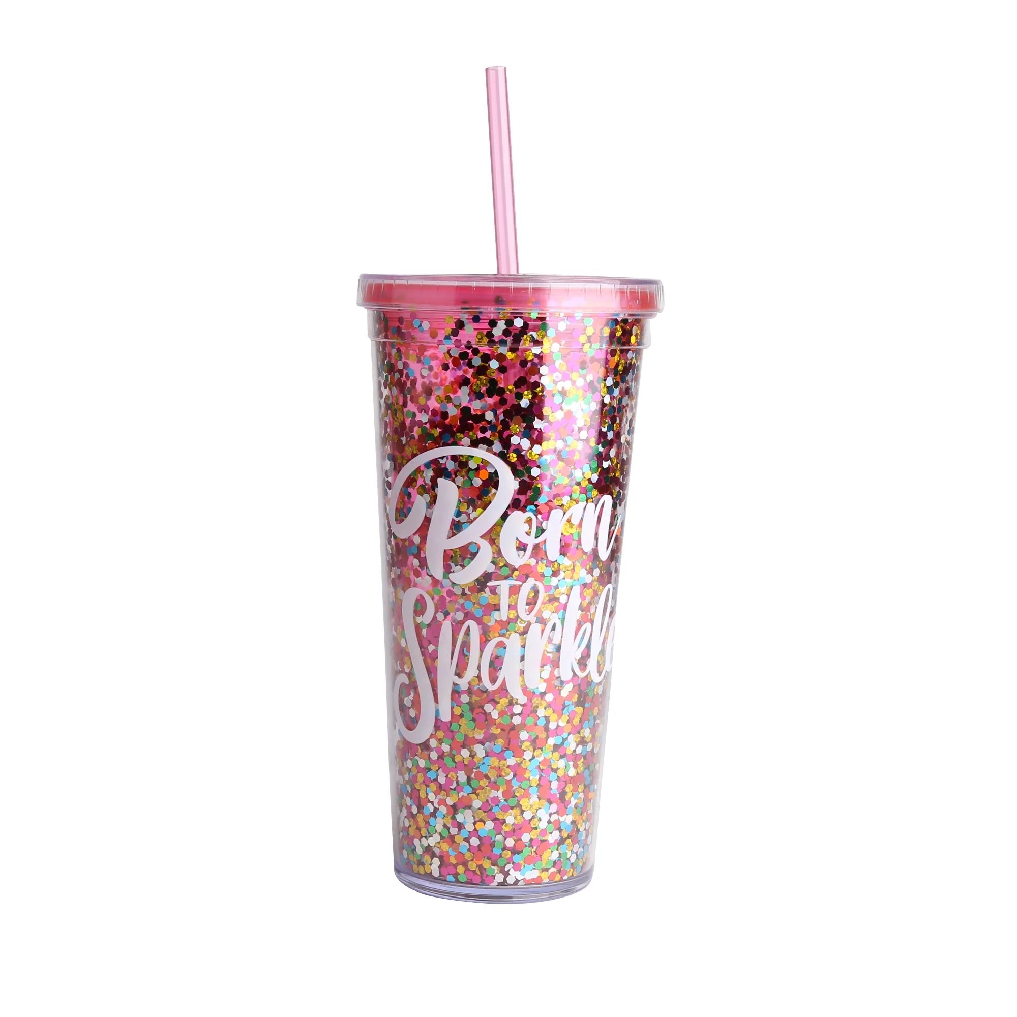 Way to Celebrate 24oz plastic Tumbler with Straw , Pink Cup with Multi Color Glitter, Everyday - ... | Walmart (US)