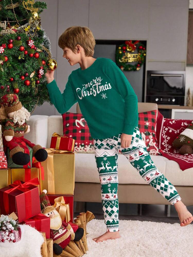 2pcs Boys Merry Christmas Letter & Deer Print Long Sleeve Top And Pants Pajama Set, Christmas Themed, Knit Stretchy Fabric Snug Fit Kids Christmas Pjs | SHEIN