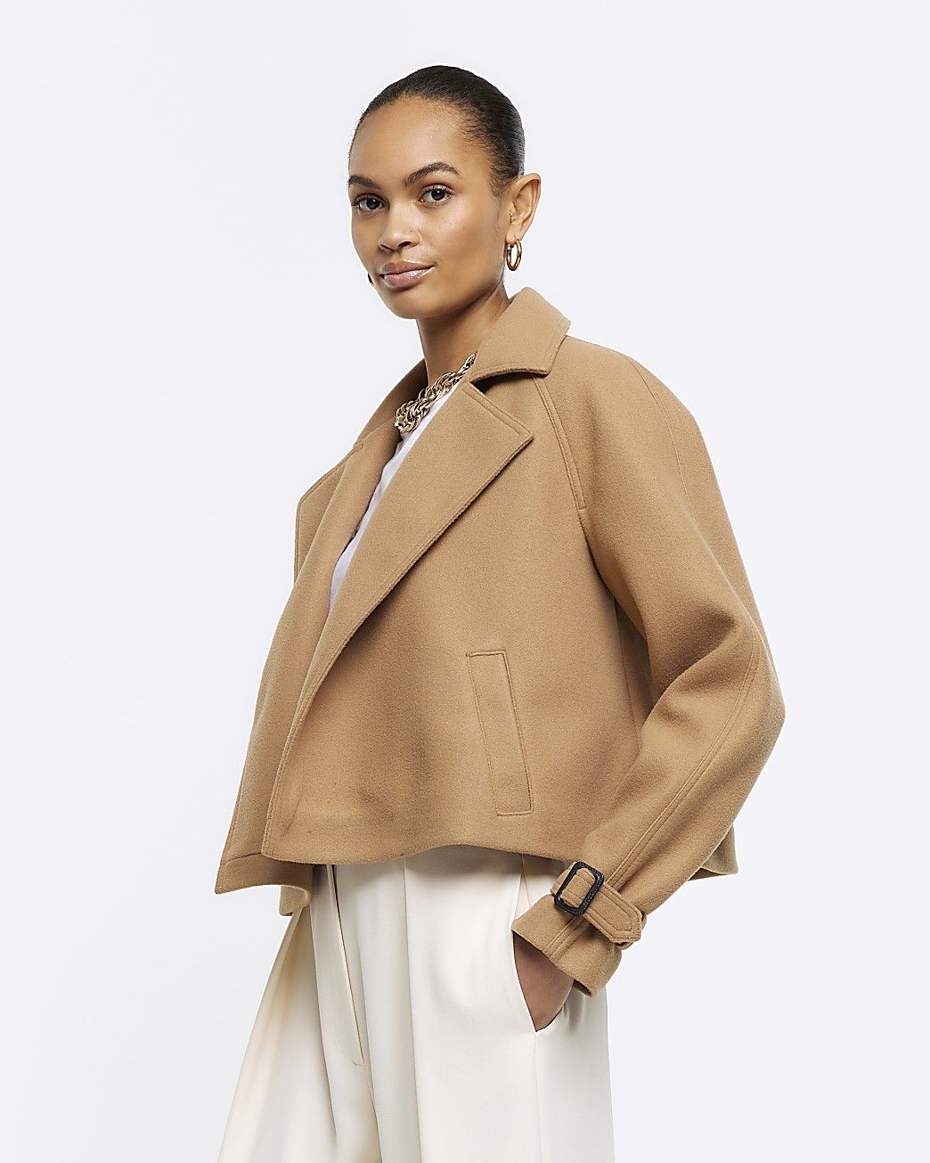 Brown faux wool crop trench coat | River Island (US)
