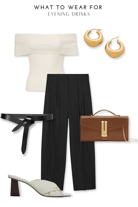 A chic evening look 👉 styled black wide leg trousers with an off the shoulder cream knitted top, tan evening demellier bag & heeled sandals 🫶

#LTKstyletip #LTKSeasonal #LTKitbag