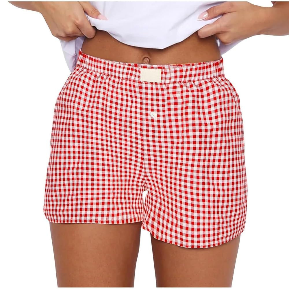 Women Pajamas Shorts Y2k Elastic Waist Plaid Boxer Shorts Cute Gingham Sleep Lounge Bottoms | Amazon (US)