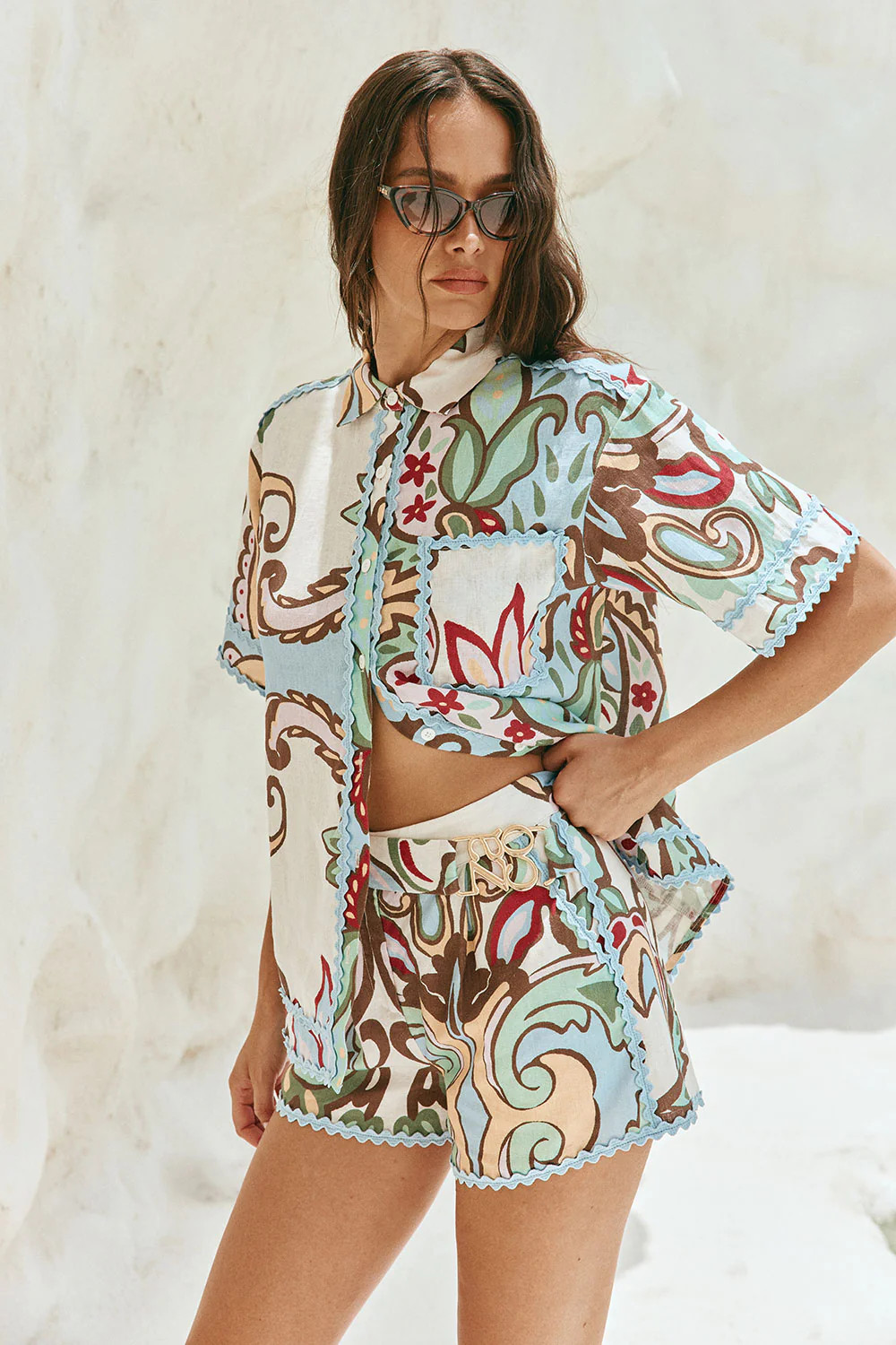 Blue Floral Paradesios Print Belt Cassia Shorts | Sabo Skirt US