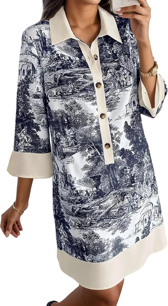 TIAFORD Women Summer Elegant Button Down Shirt Dress 3/4 Sleeve Lapel Floral Print Mini Dresses C... | Amazon (US)